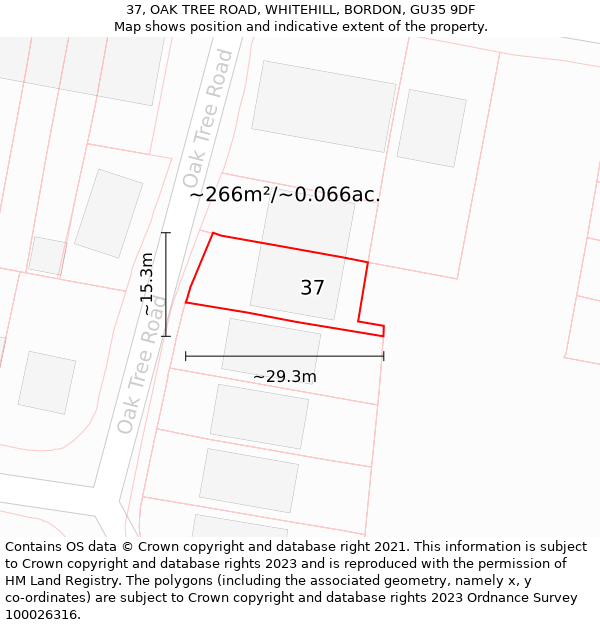 37, OAK TREE ROAD, WHITEHILL, BORDON, GU35 9DF: Plot and title map