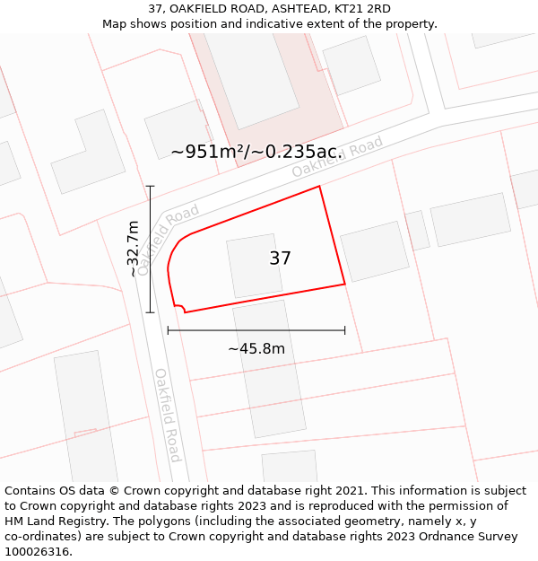 37, OAKFIELD ROAD, ASHTEAD, KT21 2RD: Plot and title map