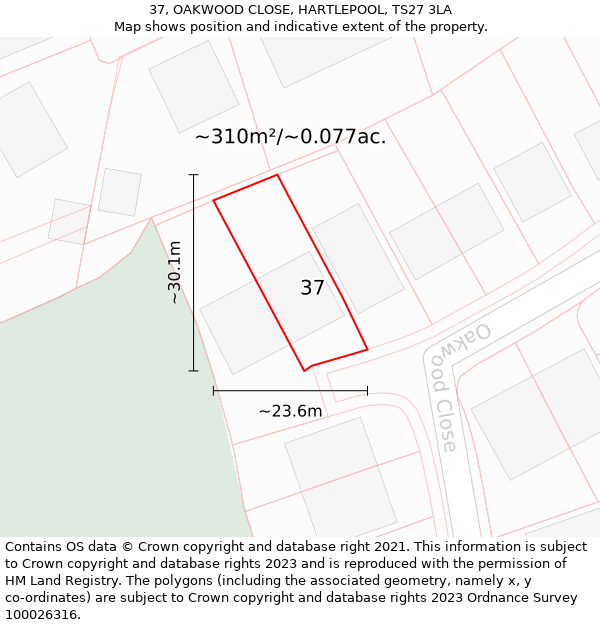 37, OAKWOOD CLOSE, HARTLEPOOL, TS27 3LA: Plot and title map