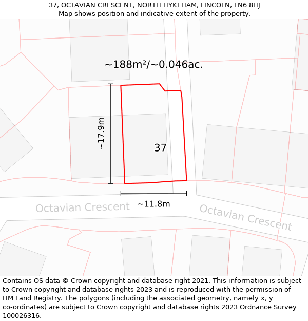 37, OCTAVIAN CRESCENT, NORTH HYKEHAM, LINCOLN, LN6 8HJ: Plot and title map