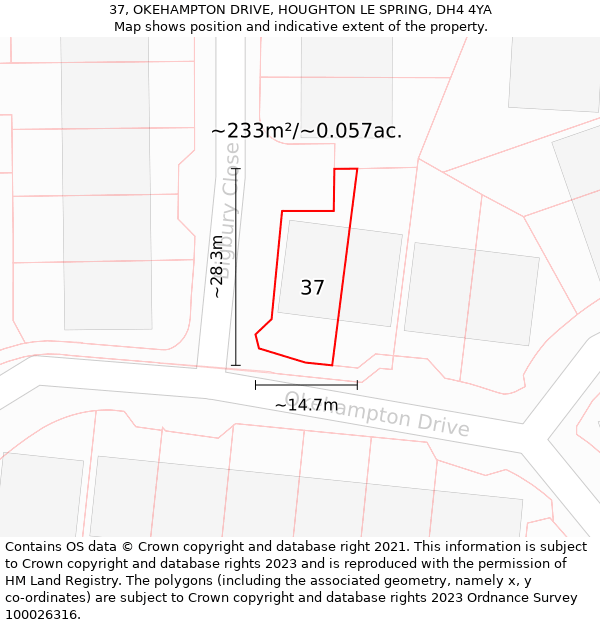 37, OKEHAMPTON DRIVE, HOUGHTON LE SPRING, DH4 4YA: Plot and title map