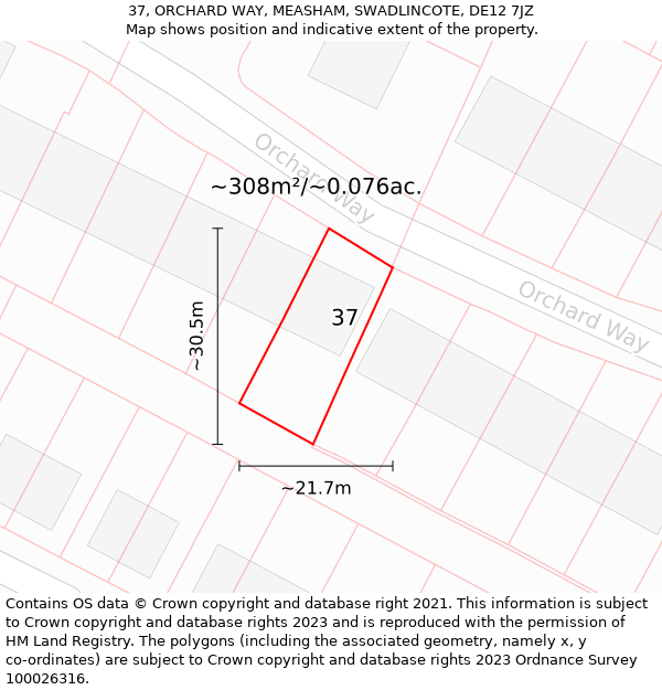 37, ORCHARD WAY, MEASHAM, SWADLINCOTE, DE12 7JZ: Plot and title map