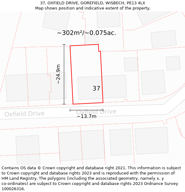 37, OXFIELD DRIVE, GOREFIELD, WISBECH, PE13 4LX: Plot and title map