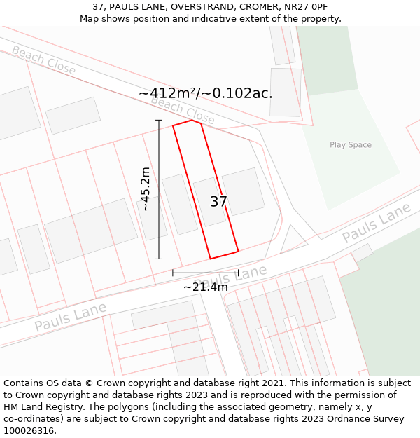 37, PAULS LANE, OVERSTRAND, CROMER, NR27 0PF: Plot and title map