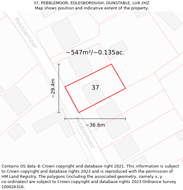 37, PEBBLEMOOR, EDLESBOROUGH, DUNSTABLE, LU6 2HZ: Plot and title map