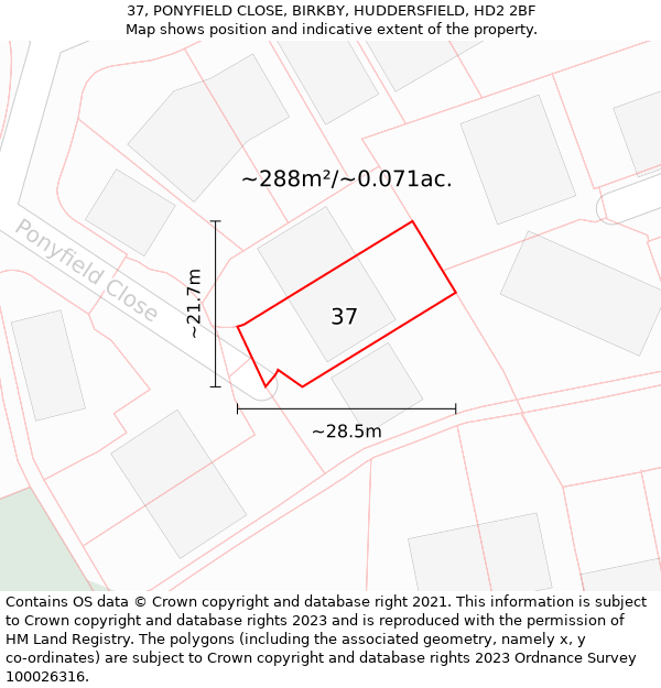 37, PONYFIELD CLOSE, BIRKBY, HUDDERSFIELD, HD2 2BF: Plot and title map