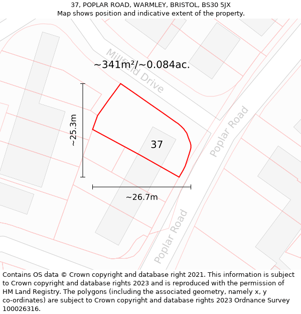 37, POPLAR ROAD, WARMLEY, BRISTOL, BS30 5JX: Plot and title map