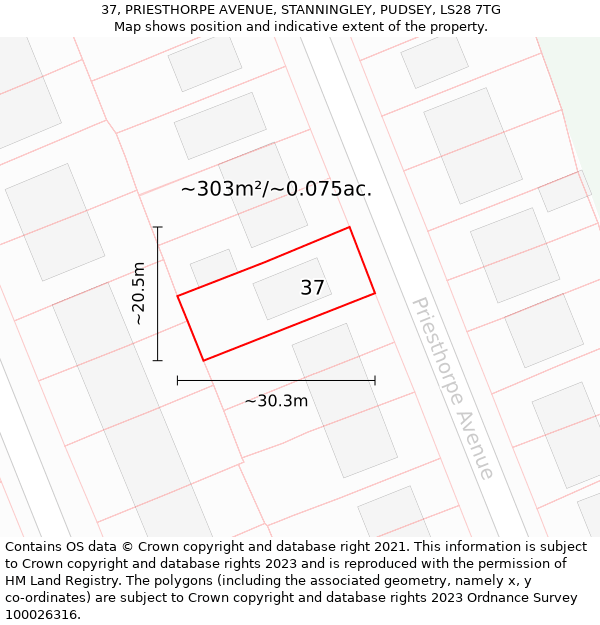 37, PRIESTHORPE AVENUE, STANNINGLEY, PUDSEY, LS28 7TG: Plot and title map