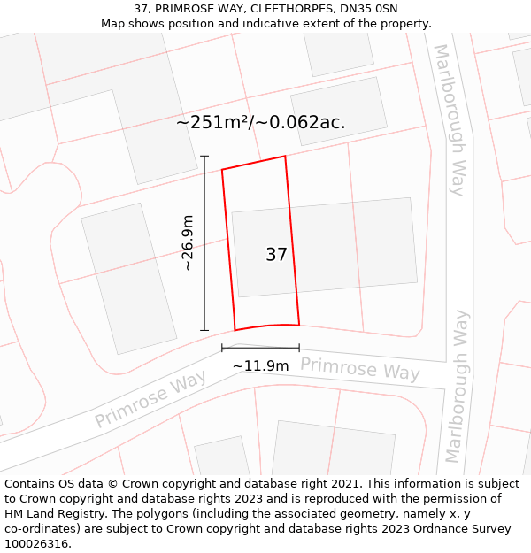 37, PRIMROSE WAY, CLEETHORPES, DN35 0SN: Plot and title map