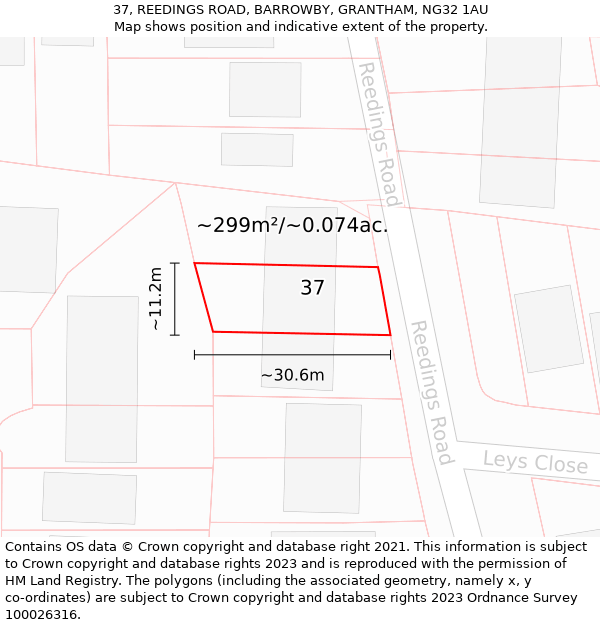 37, REEDINGS ROAD, BARROWBY, GRANTHAM, NG32 1AU: Plot and title map