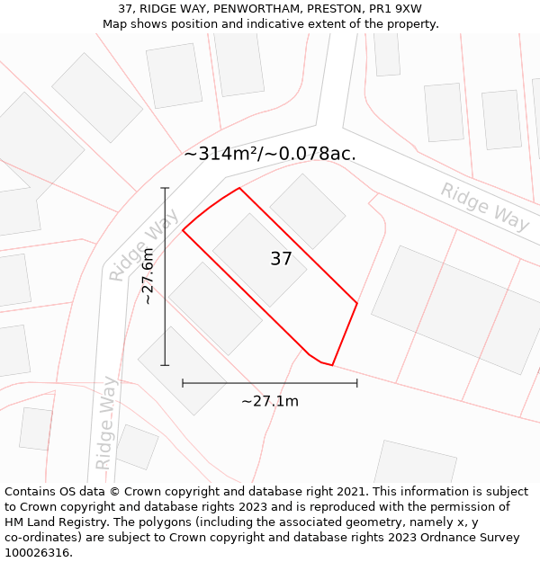 37, RIDGE WAY, PENWORTHAM, PRESTON, PR1 9XW: Plot and title map