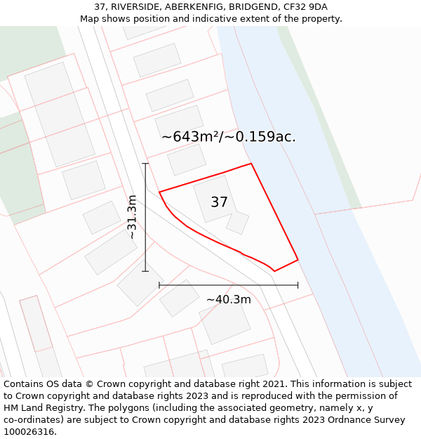37, RIVERSIDE, ABERKENFIG, BRIDGEND, CF32 9DA: Plot and title map