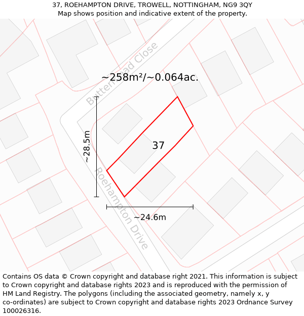 37, ROEHAMPTON DRIVE, TROWELL, NOTTINGHAM, NG9 3QY: Plot and title map