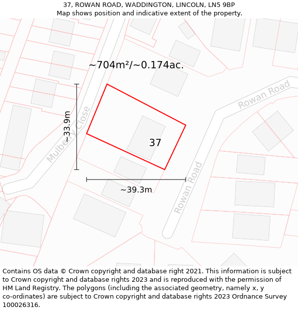 37, ROWAN ROAD, WADDINGTON, LINCOLN, LN5 9BP: Plot and title map