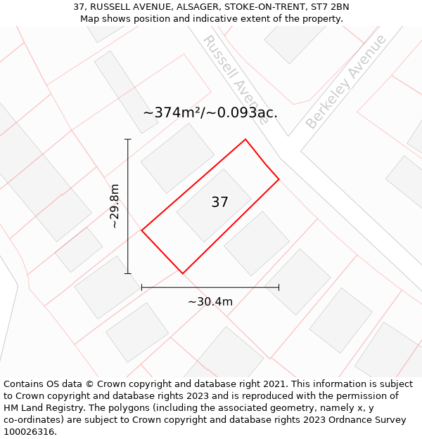 37, RUSSELL AVENUE, ALSAGER, STOKE-ON-TRENT, ST7 2BN: Plot and title map