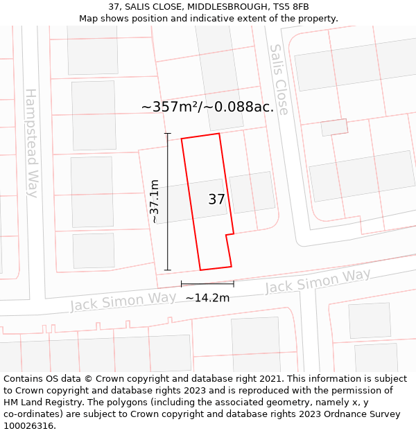 37, SALIS CLOSE, MIDDLESBROUGH, TS5 8FB: Plot and title map