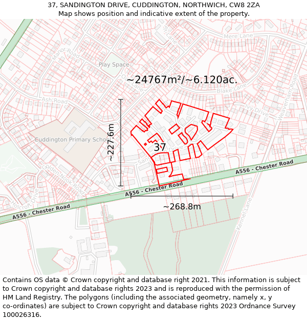 37, SANDINGTON DRIVE, CUDDINGTON, NORTHWICH, CW8 2ZA: Plot and title map