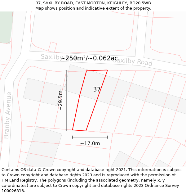 37, SAXILBY ROAD, EAST MORTON, KEIGHLEY, BD20 5WB: Plot and title map