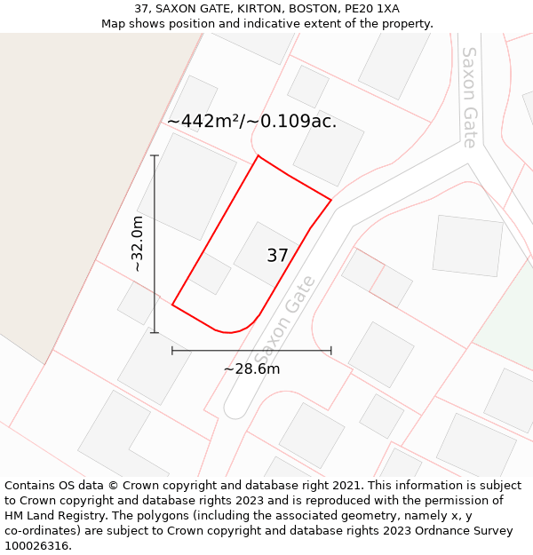 37, SAXON GATE, KIRTON, BOSTON, PE20 1XA: Plot and title map