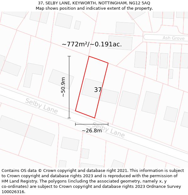 37, SELBY LANE, KEYWORTH, NOTTINGHAM, NG12 5AQ: Plot and title map