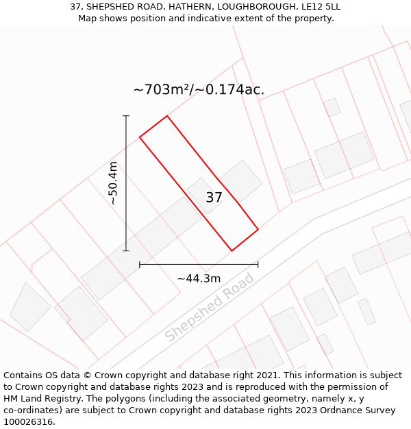 37, SHEPSHED ROAD, HATHERN, LOUGHBOROUGH, LE12 5LL: Plot and title map