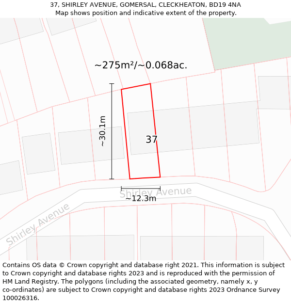 37, SHIRLEY AVENUE, GOMERSAL, CLECKHEATON, BD19 4NA: Plot and title map