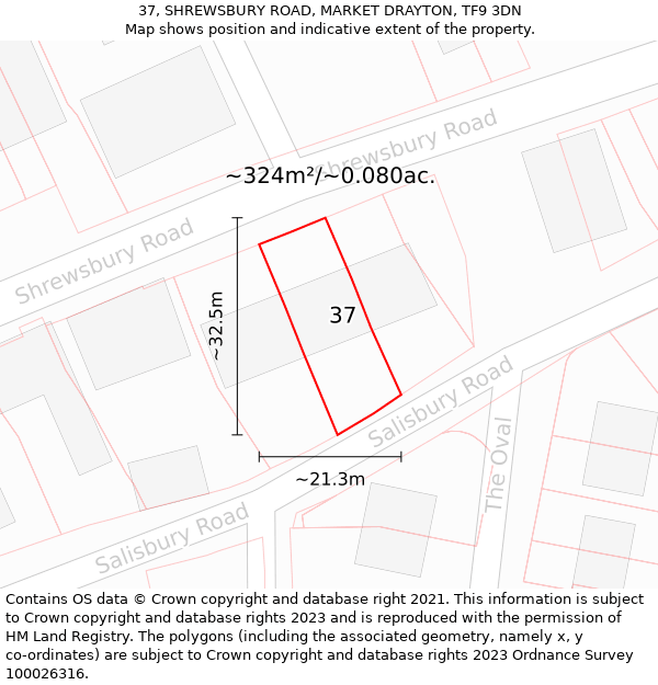 37, SHREWSBURY ROAD, MARKET DRAYTON, TF9 3DN: Plot and title map