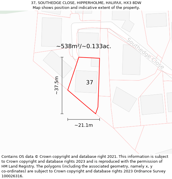 37, SOUTHEDGE CLOSE, HIPPERHOLME, HALIFAX, HX3 8DW: Plot and title map