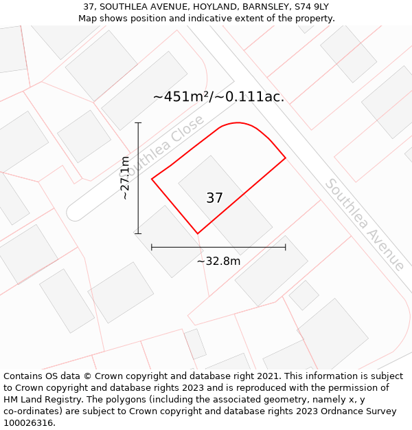 37, SOUTHLEA AVENUE, HOYLAND, BARNSLEY, S74 9LY: Plot and title map