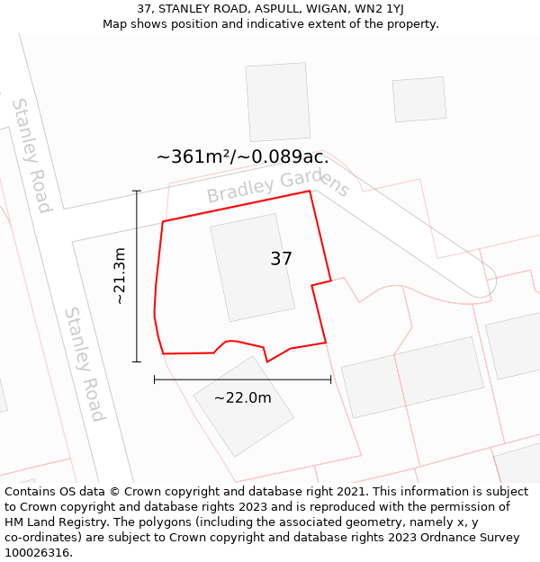 37, STANLEY ROAD, ASPULL, WIGAN, WN2 1YJ: Plot and title map