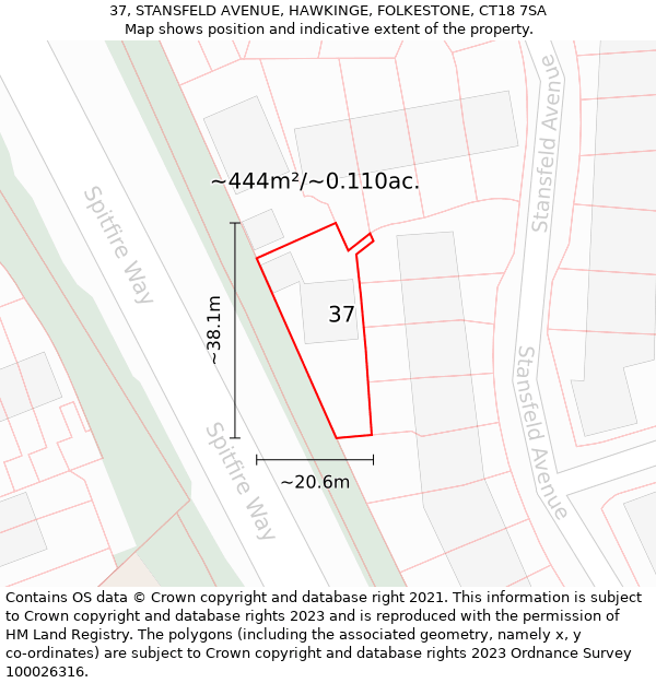 37, STANSFELD AVENUE, HAWKINGE, FOLKESTONE, CT18 7SA: Plot and title map