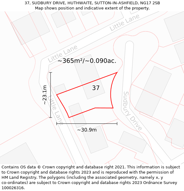 37, SUDBURY DRIVE, HUTHWAITE, SUTTON-IN-ASHFIELD, NG17 2SB: Plot and title map