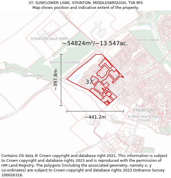 37, SUNFLOWER LANE, STAINTON, MIDDLESBROUGH, TS8 9FS: Plot and title map