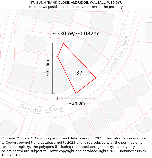 37, SUNNYBANK CLOSE, ALDRIDGE, WALSALL, WS9 0YR: Plot and title map