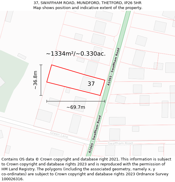 37, SWAFFHAM ROAD, MUNDFORD, THETFORD, IP26 5HR: Plot and title map