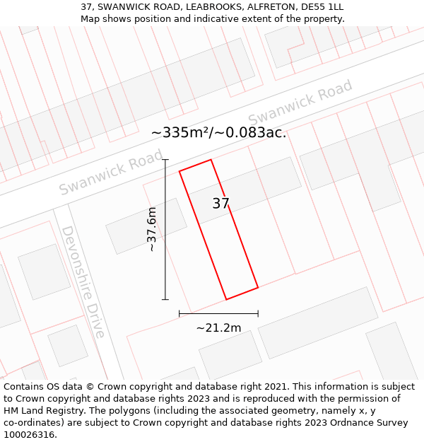 37, SWANWICK ROAD, LEABROOKS, ALFRETON, DE55 1LL: Plot and title map