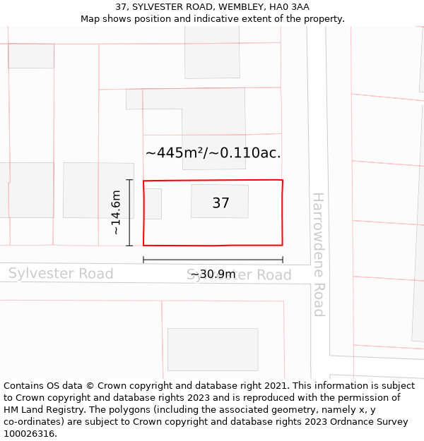 37, SYLVESTER ROAD, WEMBLEY, HA0 3AA: Plot and title map