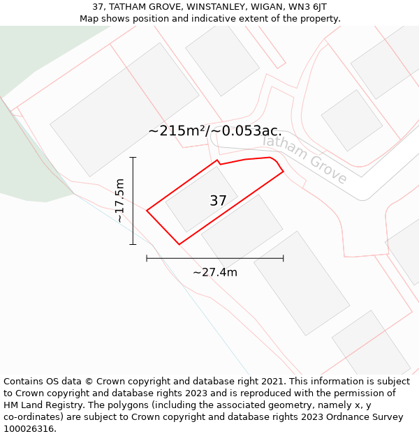 37, TATHAM GROVE, WINSTANLEY, WIGAN, WN3 6JT: Plot and title map