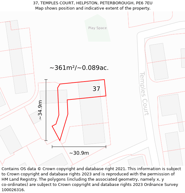 37, TEMPLES COURT, HELPSTON, PETERBOROUGH, PE6 7EU: Plot and title map