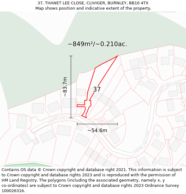 37, THANET LEE CLOSE, CLIVIGER, BURNLEY, BB10 4TX: Plot and title map