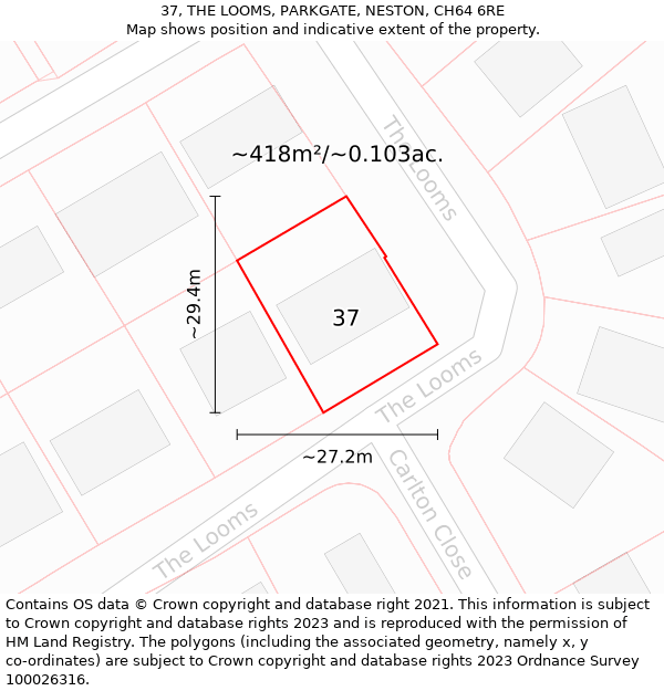 37, THE LOOMS, PARKGATE, NESTON, CH64 6RE: Plot and title map