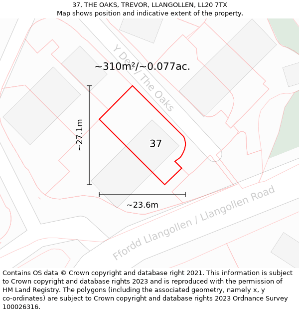 37, THE OAKS, TREVOR, LLANGOLLEN, LL20 7TX: Plot and title map