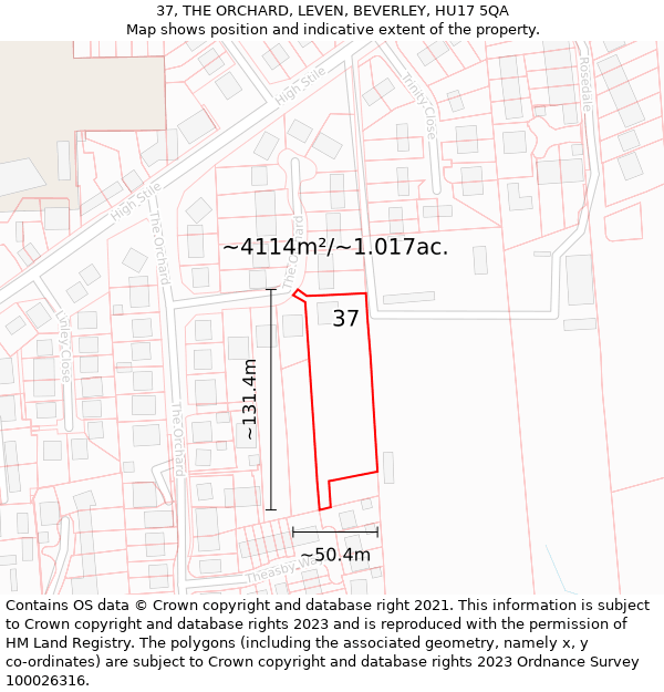 37, THE ORCHARD, LEVEN, BEVERLEY, HU17 5QA: Plot and title map