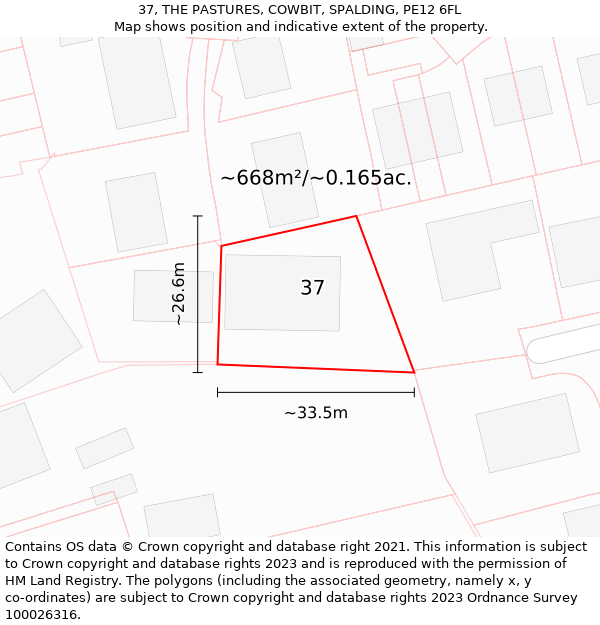 37, THE PASTURES, COWBIT, SPALDING, PE12 6FL: Plot and title map