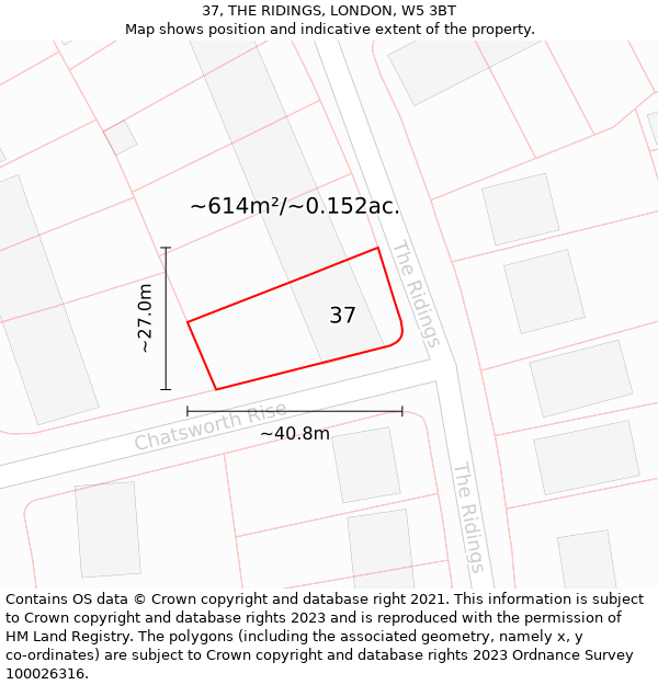 37, THE RIDINGS, LONDON, W5 3BT: Plot and title map