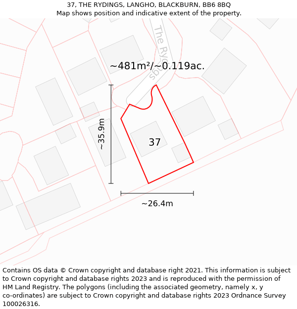 37, THE RYDINGS, LANGHO, BLACKBURN, BB6 8BQ: Plot and title map