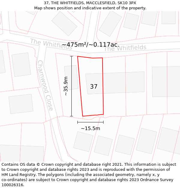 37, THE WHITFIELDS, MACCLESFIELD, SK10 3PX: Plot and title map