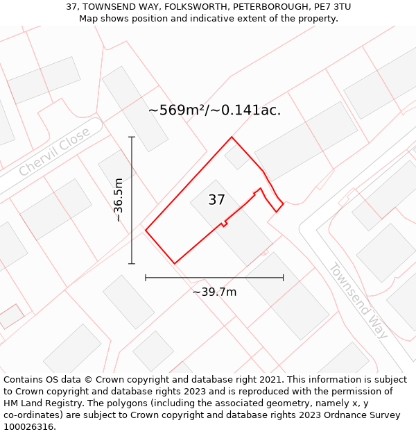 37, TOWNSEND WAY, FOLKSWORTH, PETERBOROUGH, PE7 3TU: Plot and title map