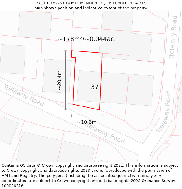 37, TRELAWNY ROAD, MENHENIOT, LISKEARD, PL14 3TS: Plot and title map