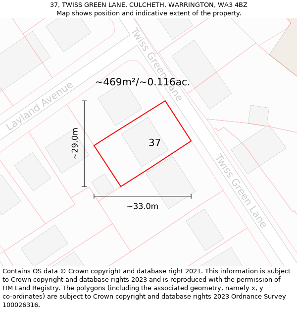 37, TWISS GREEN LANE, CULCHETH, WARRINGTON, WA3 4BZ: Plot and title map